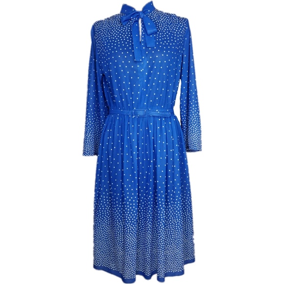 Vintage Dresses & Skirts - vintage 1970s blue pussybow polka dot dress 4